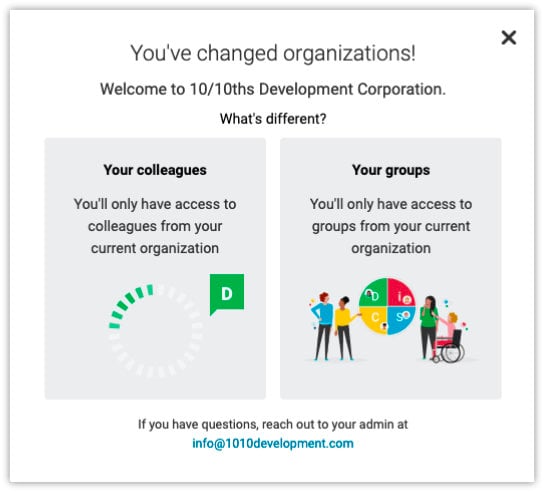 A screenshot of the "You've Changed Organizations" pop-up on Catalyst.